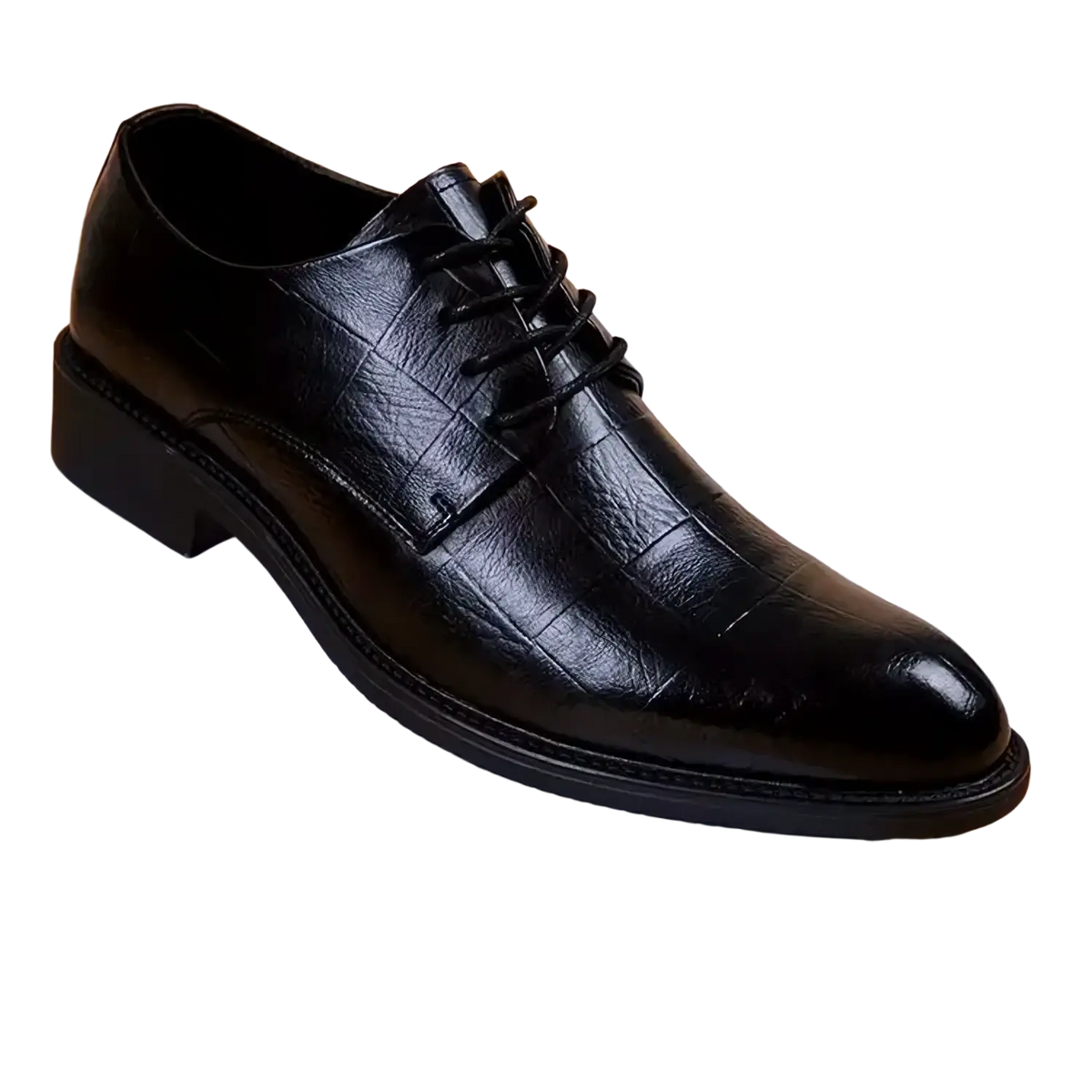 Men black crocodile leather formal dress shoe with polished finish and subtle texture featuring lace-up design