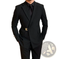 Men black double breasted blazer with gold-tone belt buckle featuring an ornate stylized m design