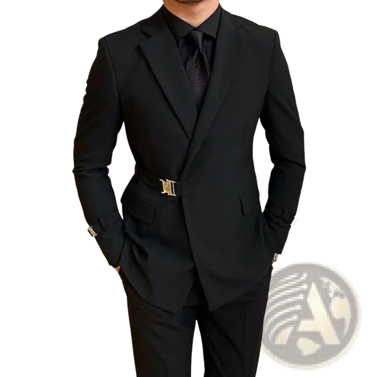Men black double breasted blazer with gold-tone belt buckle featuring an ornate stylized m design