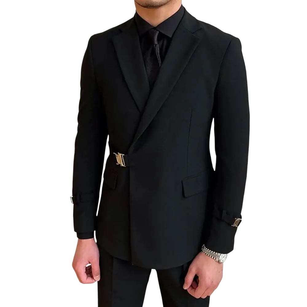 Men black double breasted blazer with gold-tone belt buckle and matching gold cuff details in elegant design