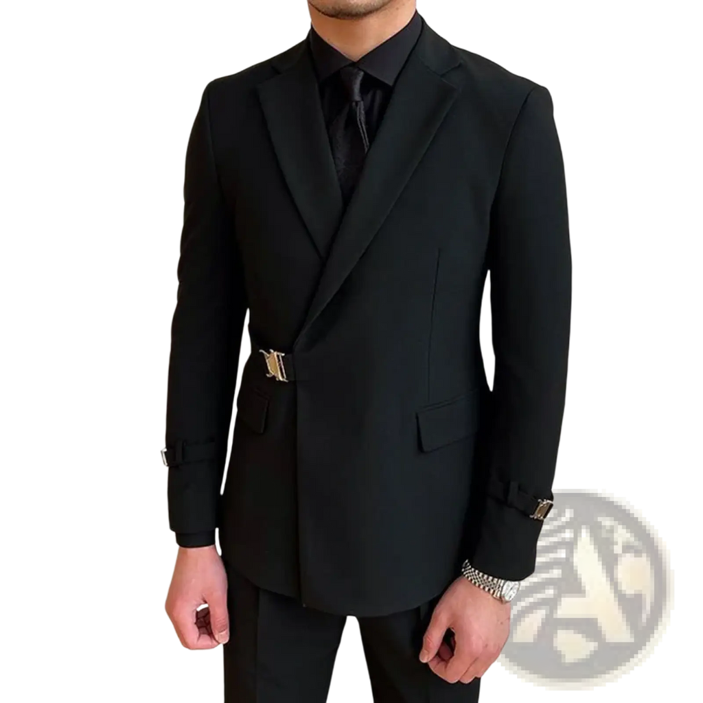 Men black double breasted blazer with gold-tone belt buckle and matching gold cuff details in elegant design