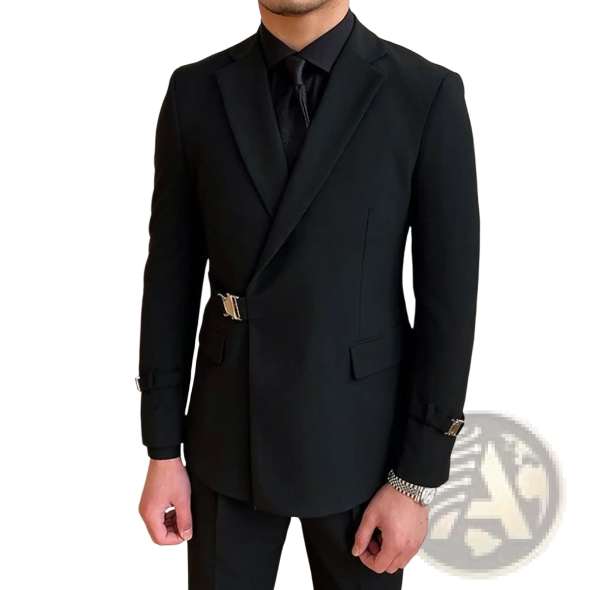 Men black double breasted blazer with gold-tone belt buckle and matching gold cuff details in elegant design