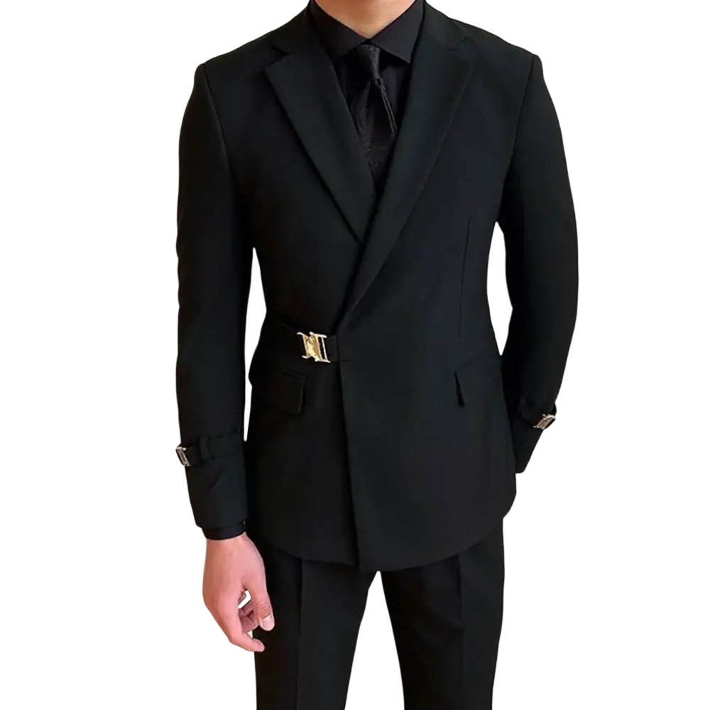 Men black double breasted blazer with tailored fit gold-tone belt buckle and matching cufflinks in formal fabric