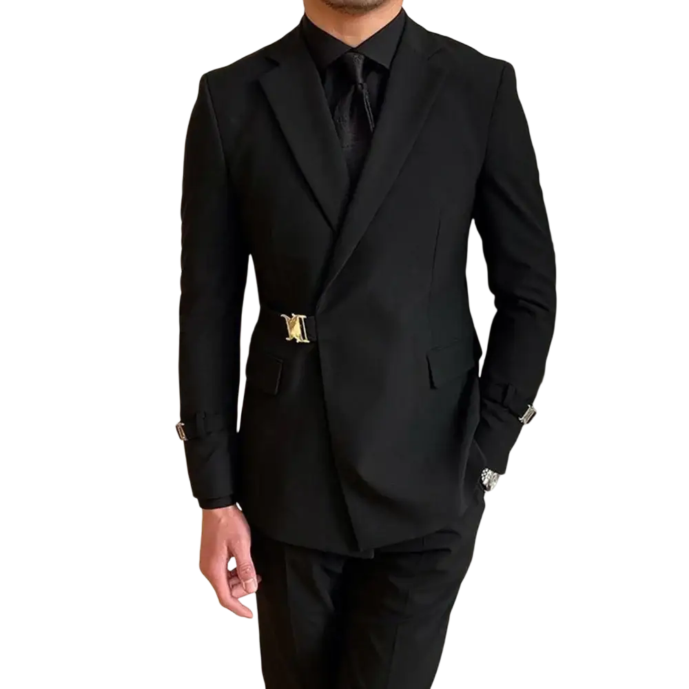 Men black double breasted blazer with gold-tone lv belt buckle and matching cufflinks in tailored suit material