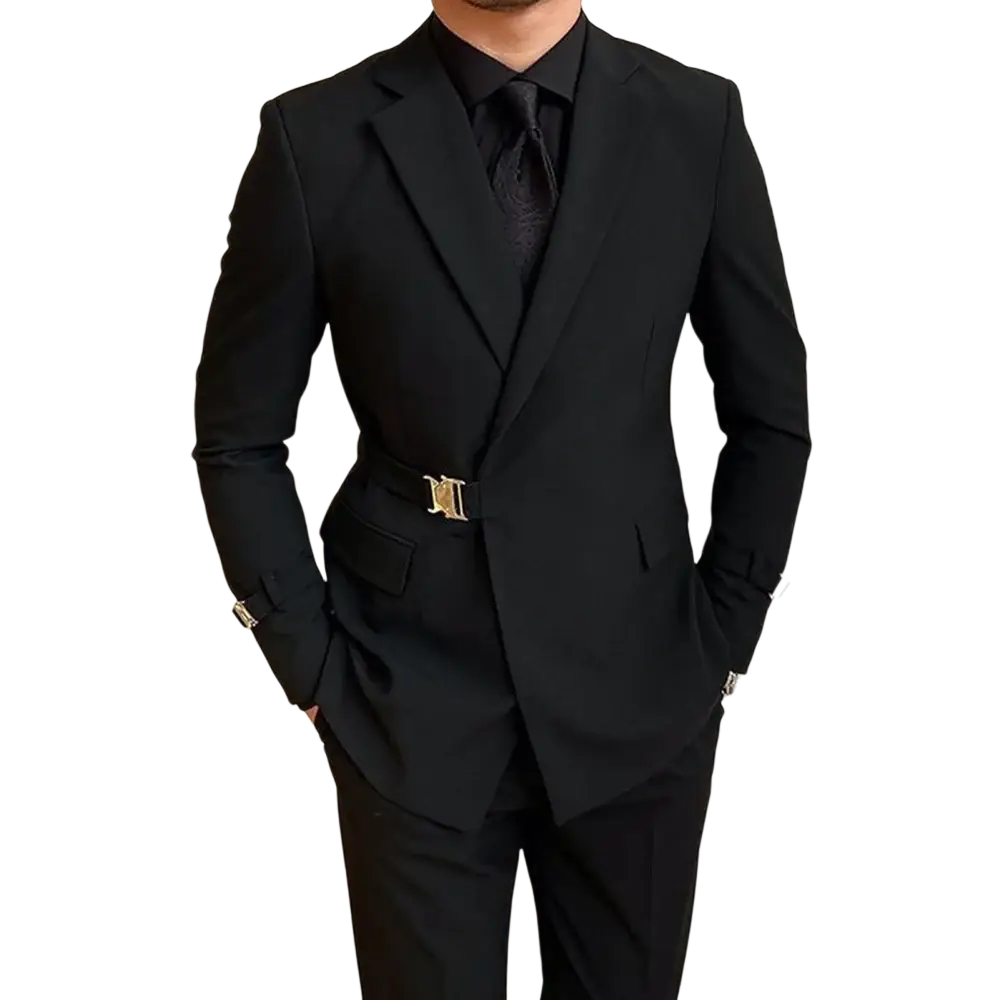 Men black double breasted tailored blazer with gold-tone belt buckle featuring ornate stylized m design