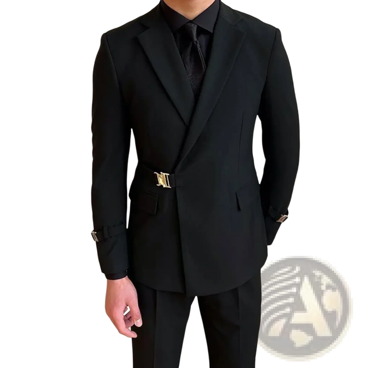 Men black double breasted blazer with tailored fit gold-tone belt buckle and matching cufflinks in formal fabric
