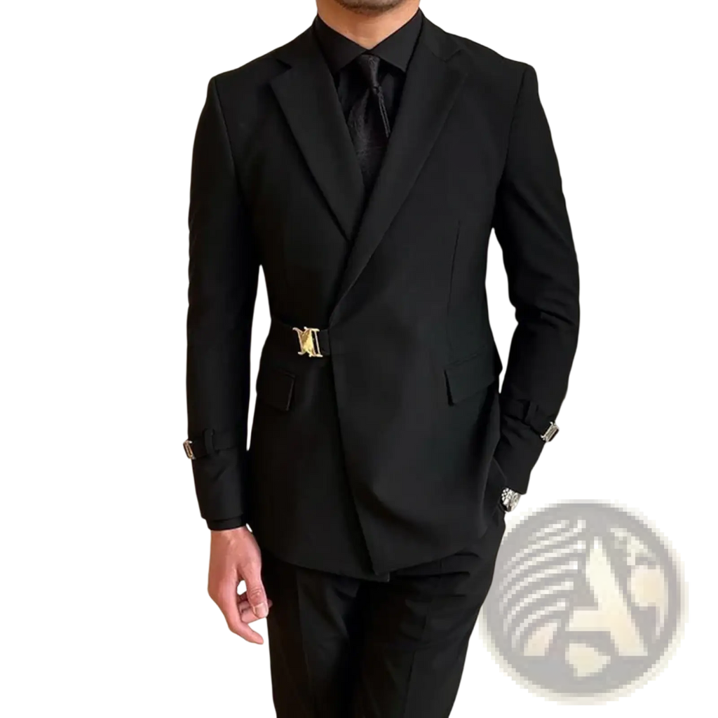 Men black double breasted blazer with gold-tone lv belt buckle and matching cufflinks in tailored suit material