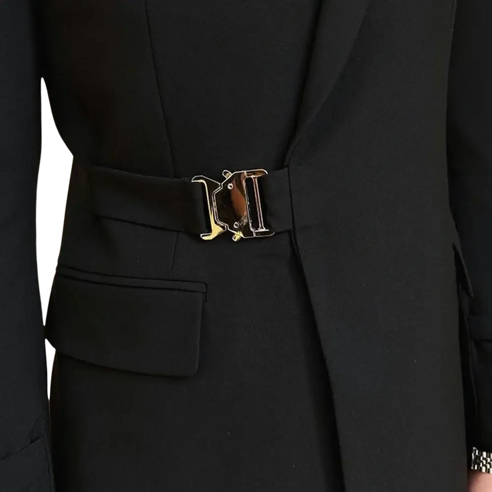 Men black double breasted blazer with black belt featuring a gold-tone metal buckle and embossed logo design