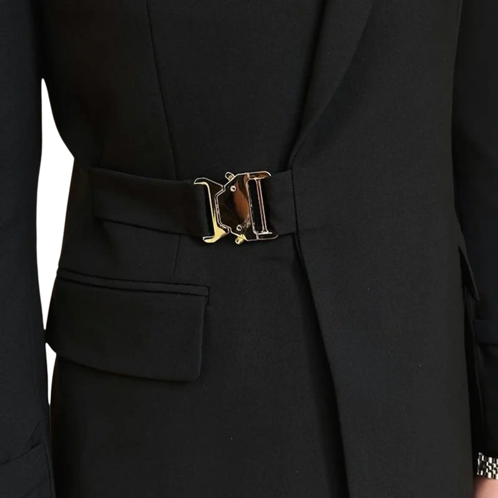 Men black double breasted blazer with black belt featuring a gold-tone metal buckle and embossed logo design