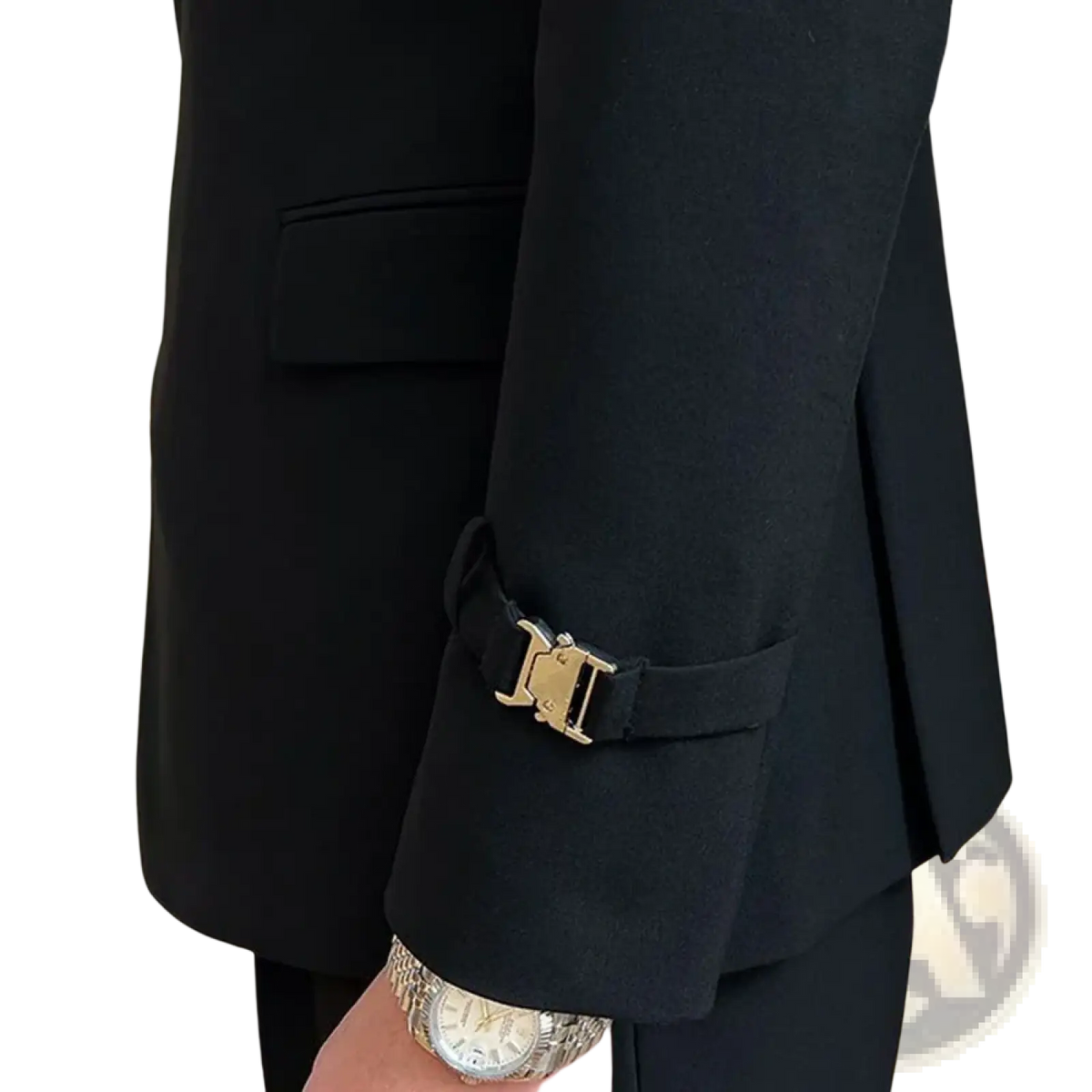 Men black woolen double breasted blazer with gold toned buckle at the cuff and gold belt detail
