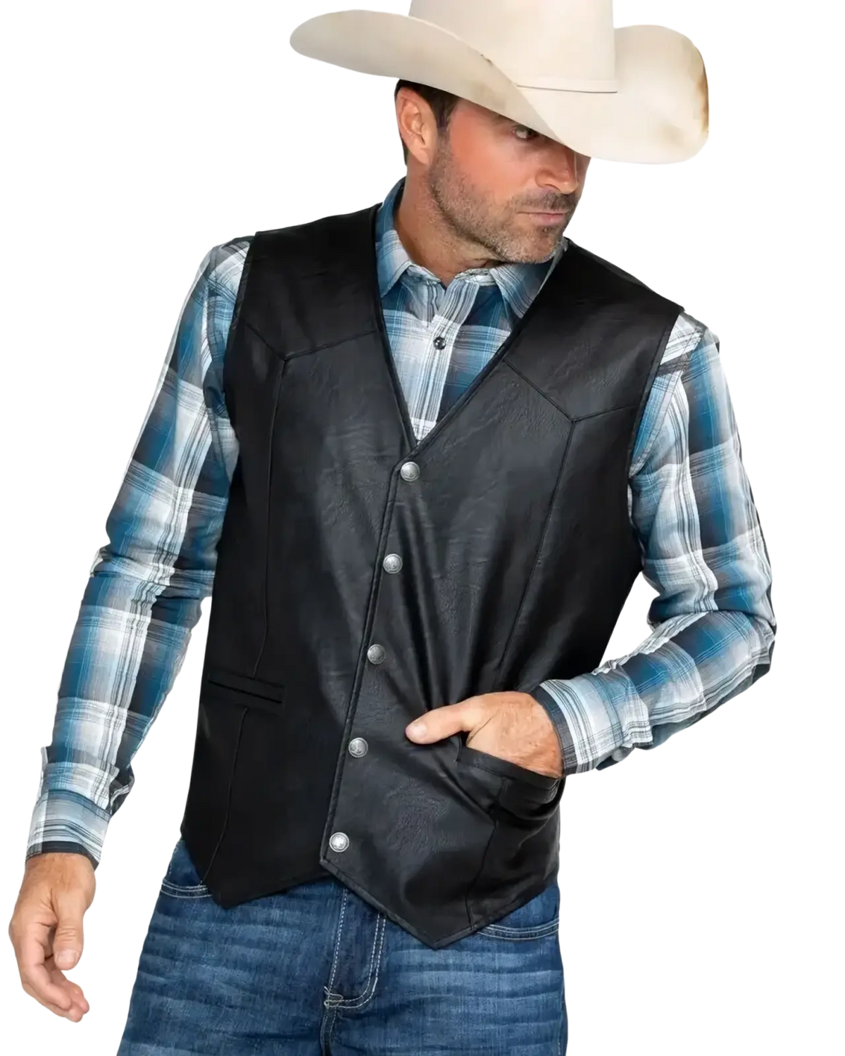 Men black faux leather biker vest with silver buttons and stitched detailing shown from the back side