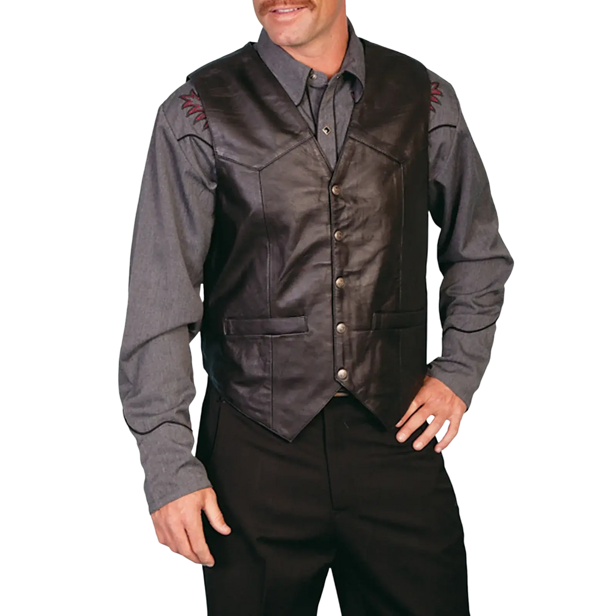 Men black faux leather biker vest featuring red embroidered sunburst designs on the shoulders