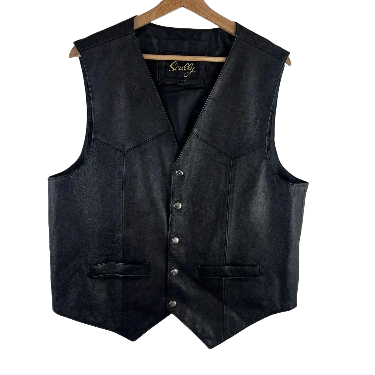 Men black faux leather biker vest with silver buttons and two front pockets hanging on a wooden hanger