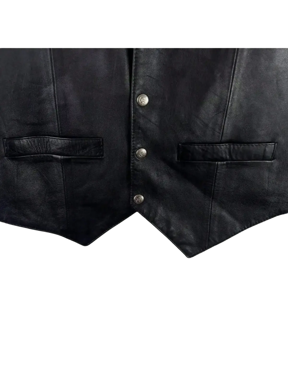 Men black faux leather biker vest with silver buttons and two front pockets in black leather material
