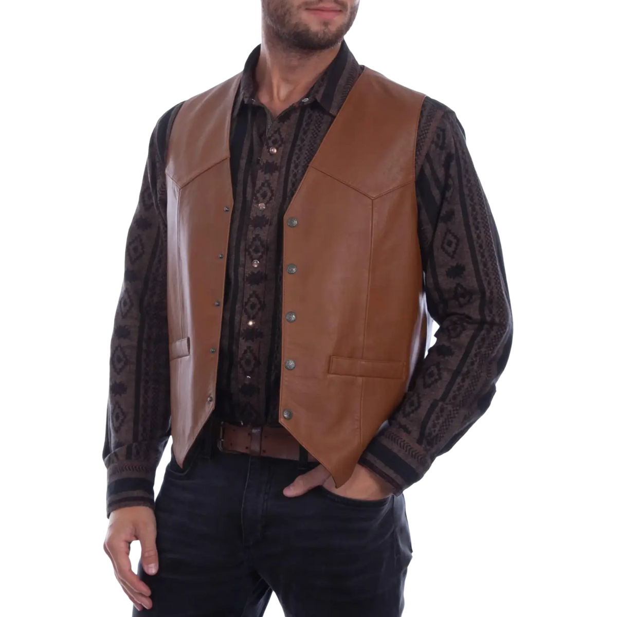 Men black faux leather biker vest featuring brown leather front with silver-toned buttons and stitched paneling