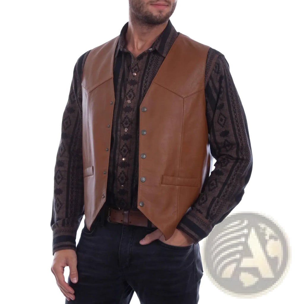 Men black faux leather biker vest featuring brown leather front with silver-toned buttons and stitched paneling