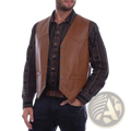 Men black faux leather biker vest featuring brown leather front with silver-toned buttons and stitched paneling
