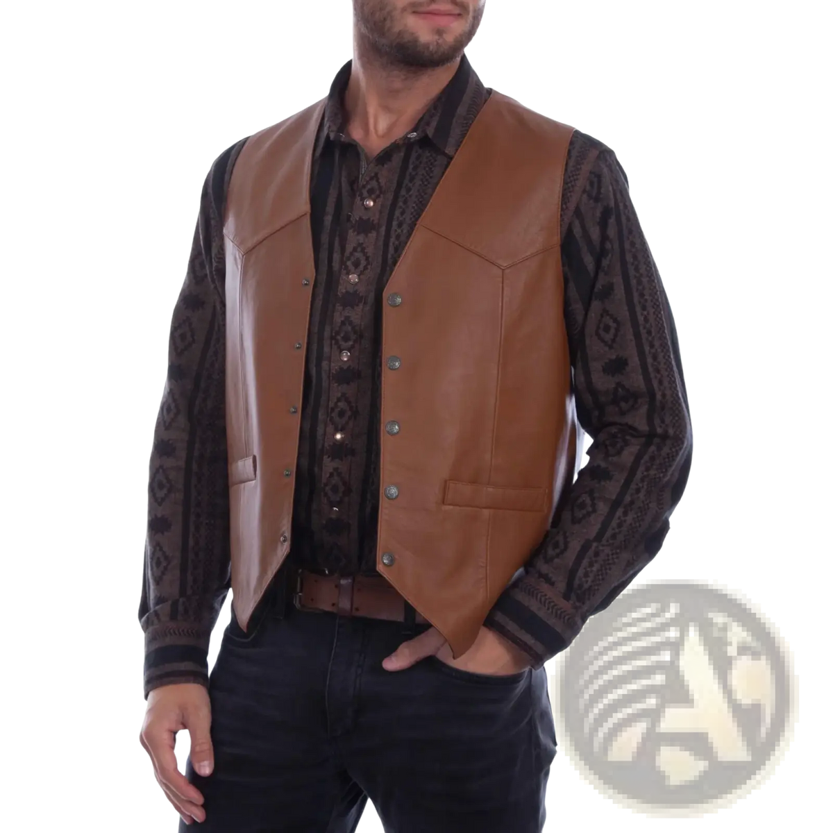 Men black faux leather biker vest featuring brown leather front with silver-toned buttons and stitched paneling