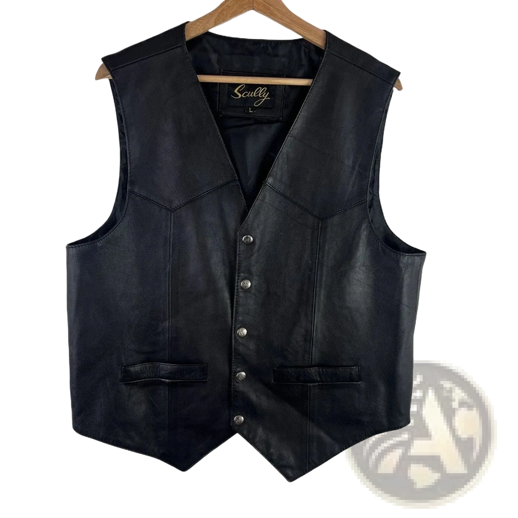Men black faux leather biker vest with silver buttons and two front pockets hanging on a wooden hanger