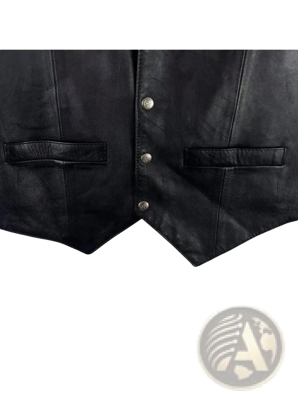 Men black faux leather biker vest with silver buttons and two front pockets in black leather material