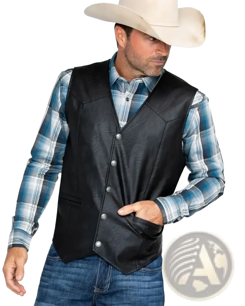 Men black faux leather biker vest with silver buttons and stitched detailing shown from the back side