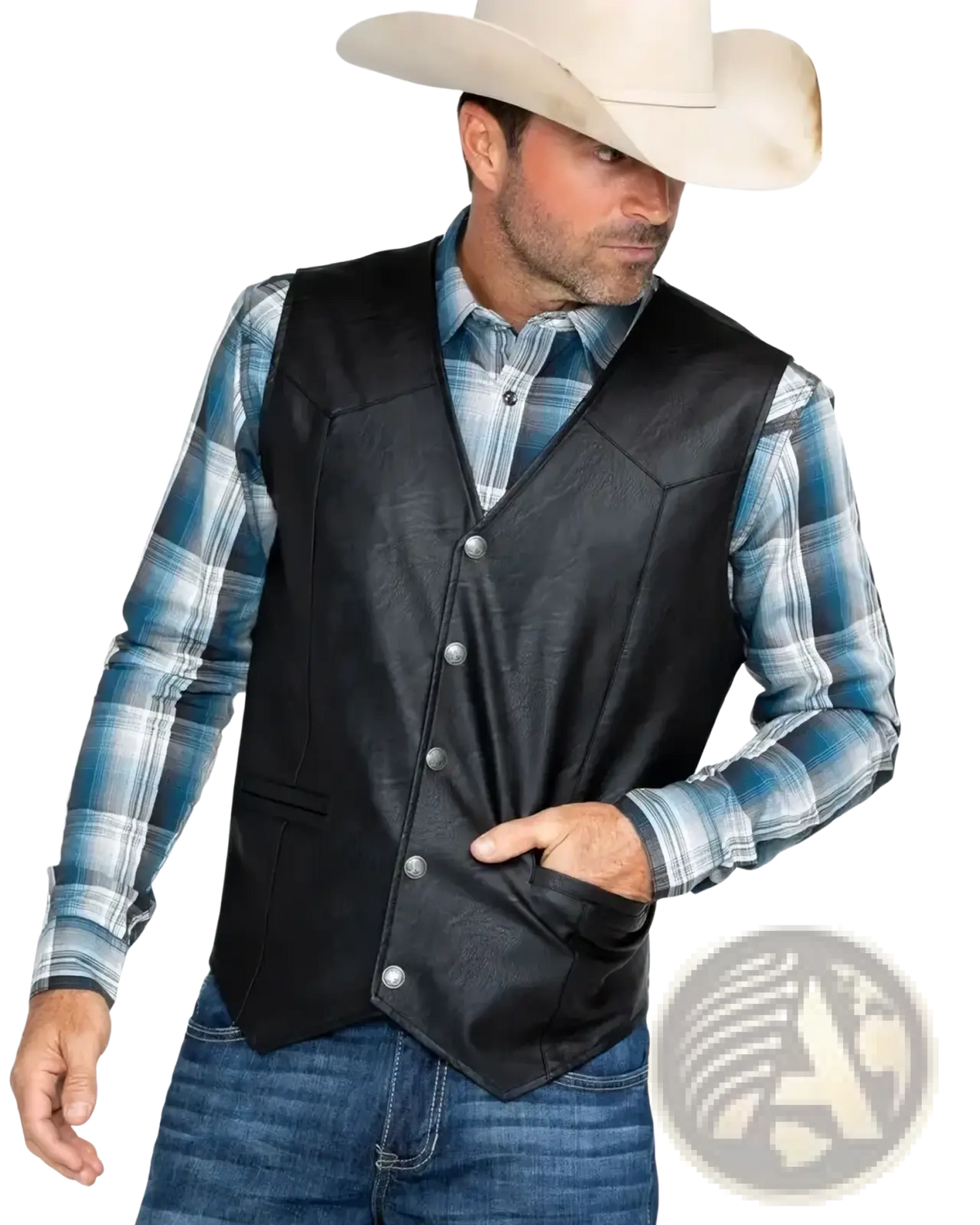 Men black faux leather biker vest with silver buttons and stitched detailing shown from the back side