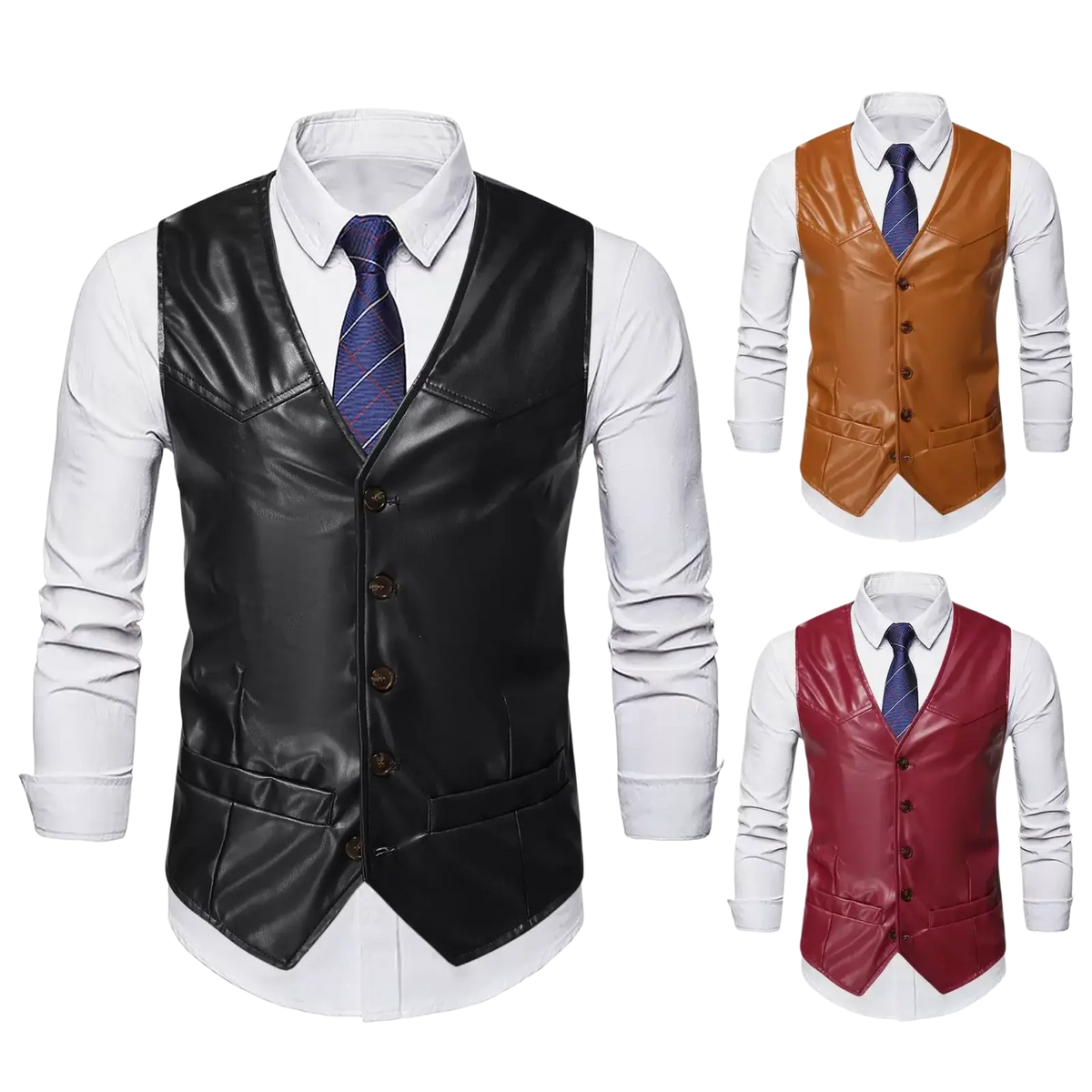 Men black faux leather motorcycle vest with brown buttons and front pockets for a stylish rugged look