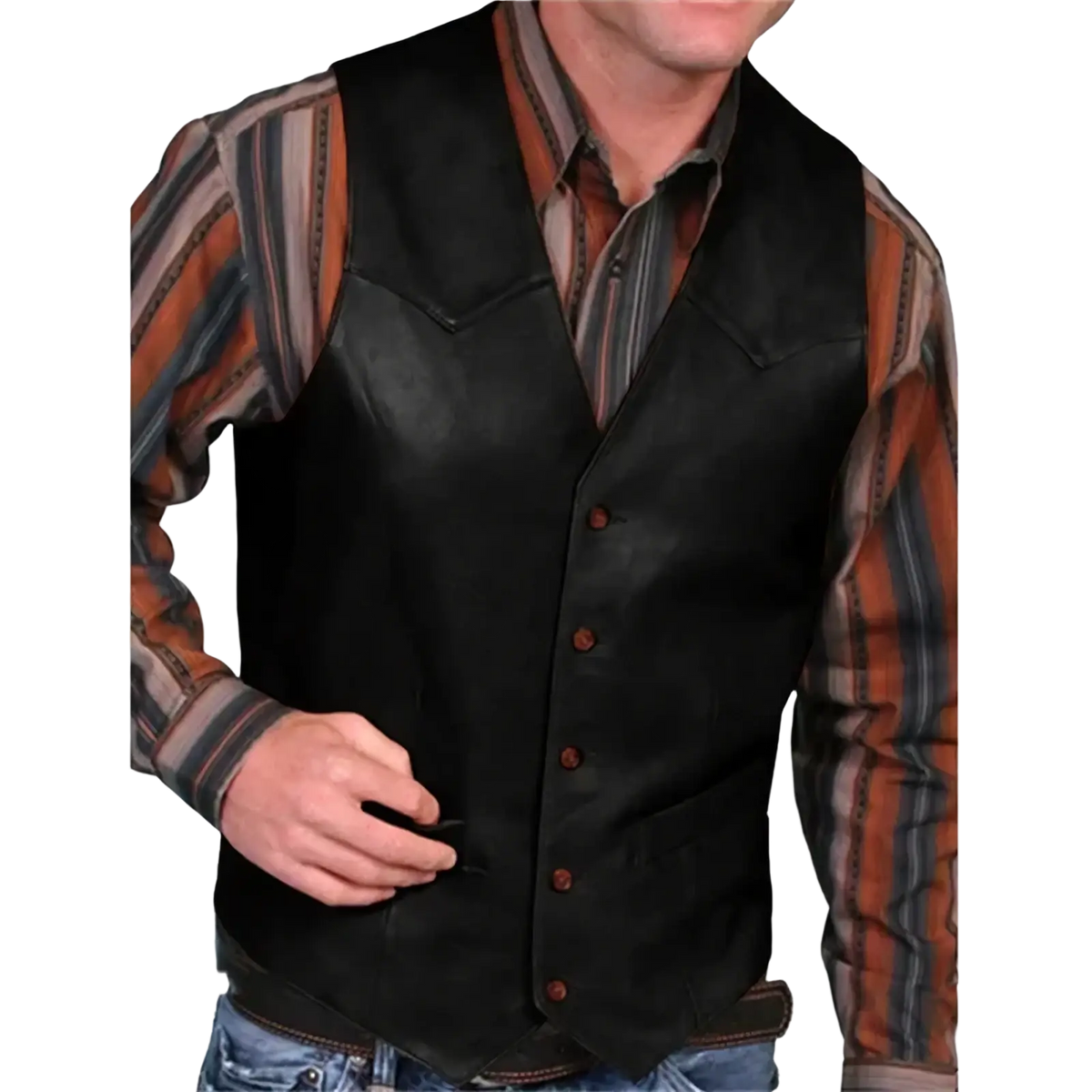 Men black faux leather motorcycle vest with brown buttons and stitched detailing front view