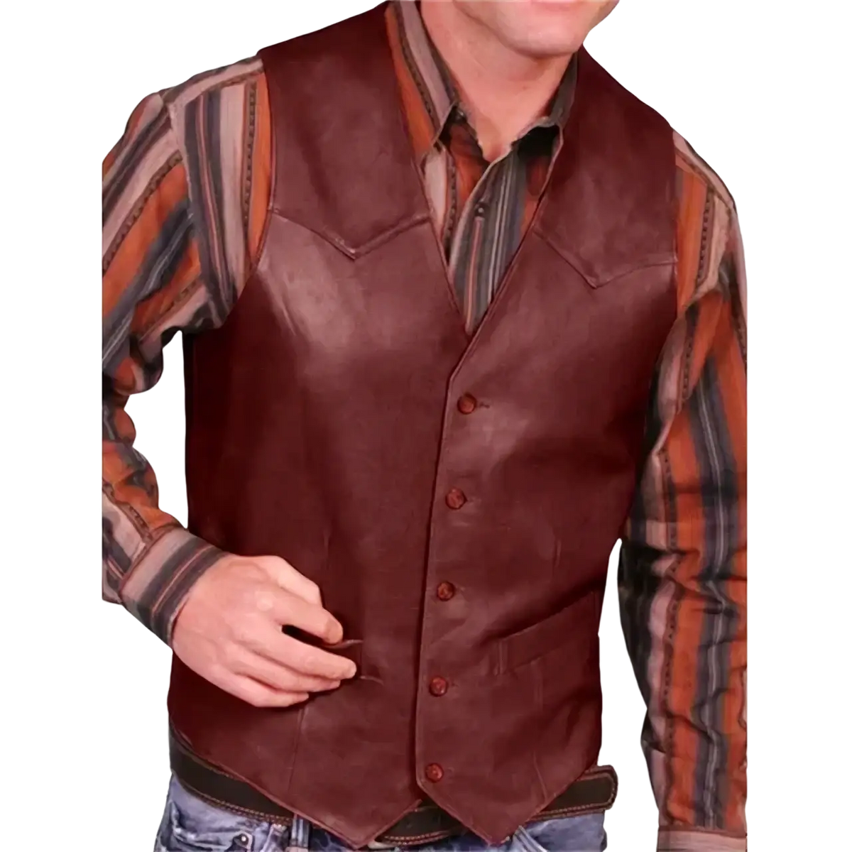 Brown leather vest with classic western design and button closure shown from the front for men motorcycle use