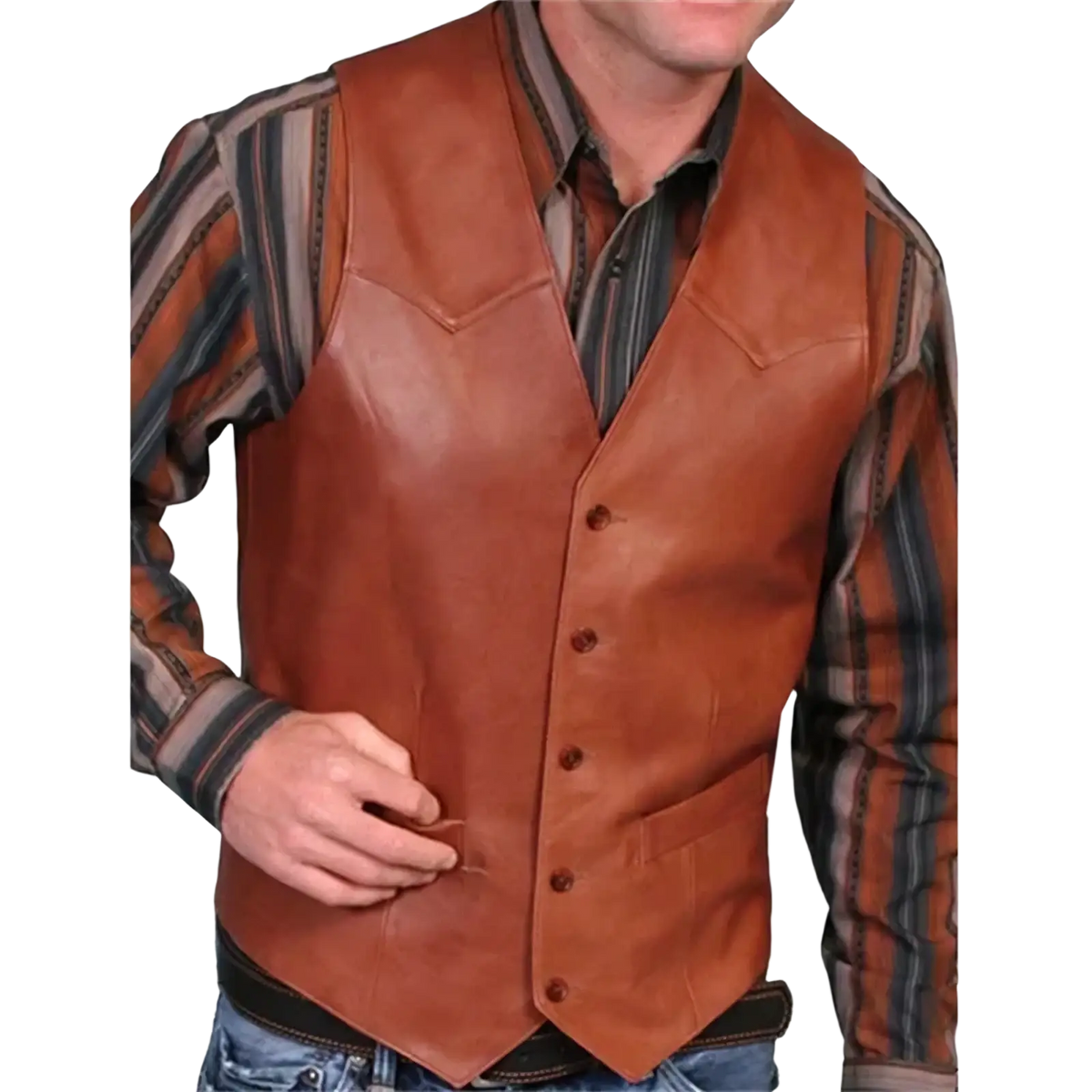 Brown leather vest with classic western design and button closure in men black faux leather motorcycle vest collection