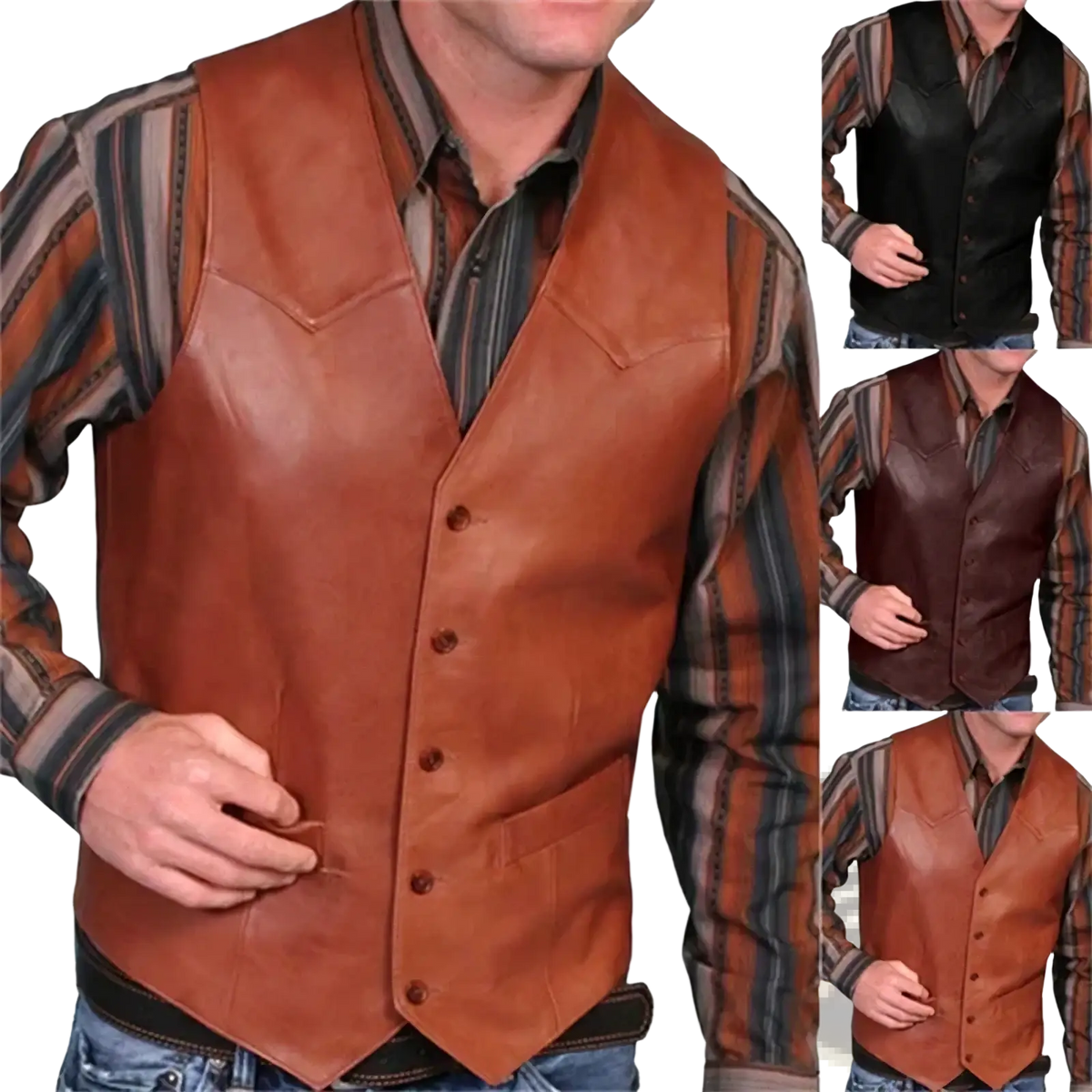 Men black faux leather motorcycle vest featuring brown leather front with button closure and stitched detailing