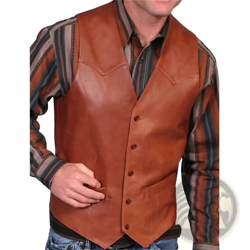Brown leather vest with classic western design and button closure in men black faux leather motorcycle vest collection