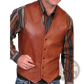 Brown leather vest with classic western design and button closure in men black faux leather motorcycle vest collection