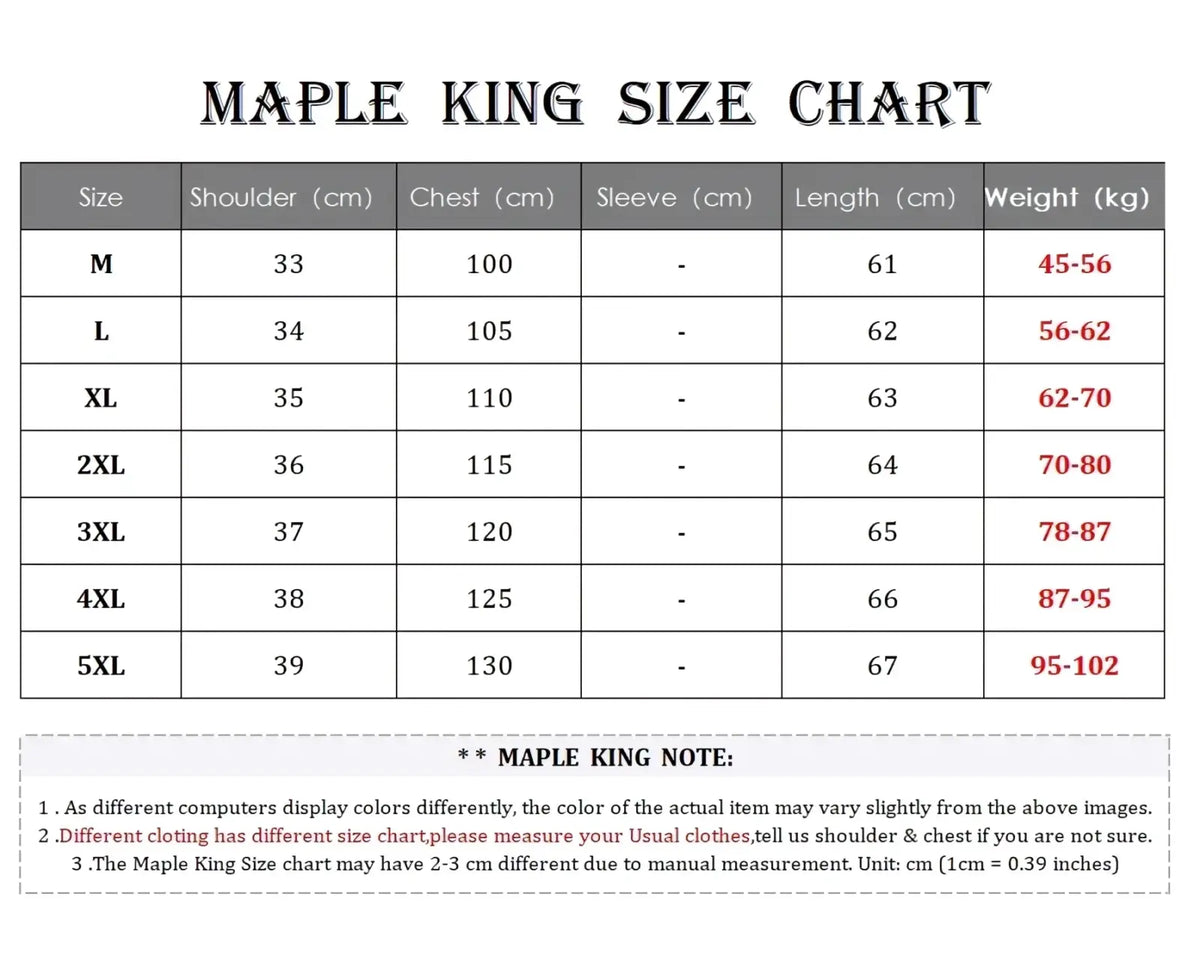 Maple king size chart showing measurements for men black faux leather motorcycle vest sizes m to 5xl in a clean table