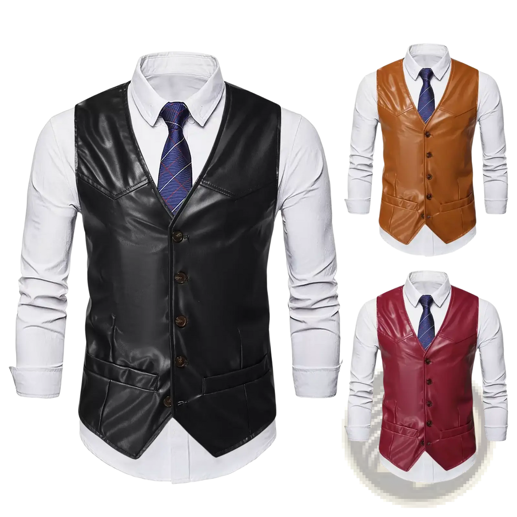 Men black faux leather motorcycle vest with brown buttons and front pockets for a stylish rugged look