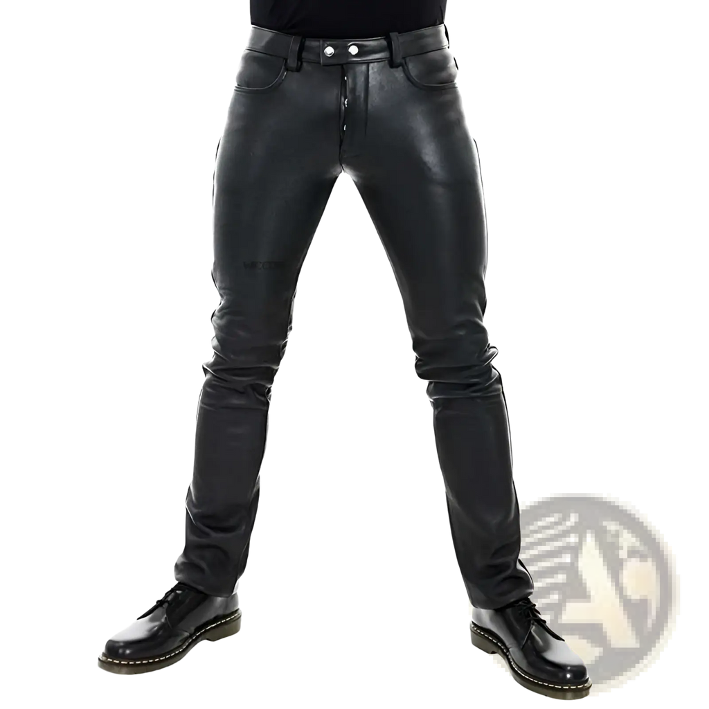 Men black faux leather pants with slim fit design and silver-toned button closures in sleek fitted style