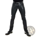 Men black faux leather pants with slim fit design and silver-toned button closures in sleek fitted style