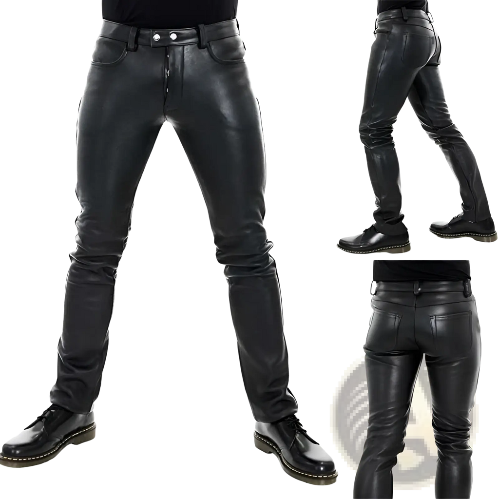Men black faux leather pants with a slim fit design and silver-toned button closures in sleek black pu material