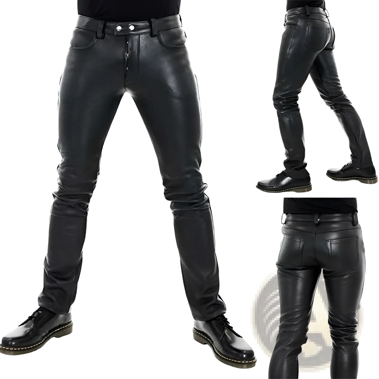 Men black faux leather pants with a slim fit design and silver-toned button closures in sleek black pu material