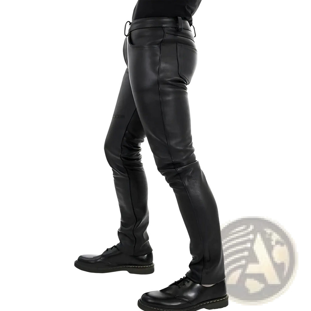 Men black faux leather slim fit pants with visible stitching details and a sleek tapered design
