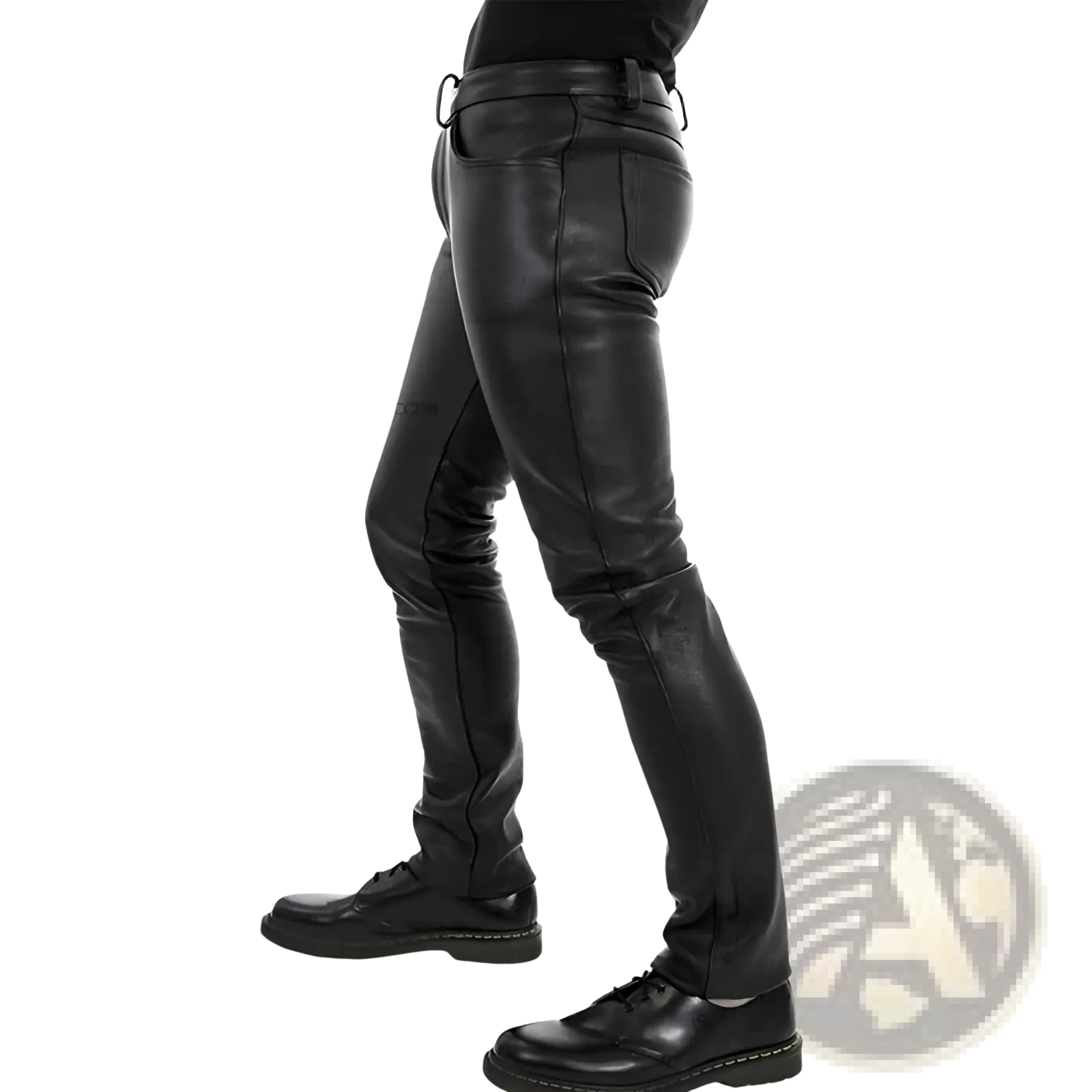 Men black faux leather slim fit pants with visible stitching details and a sleek tapered design