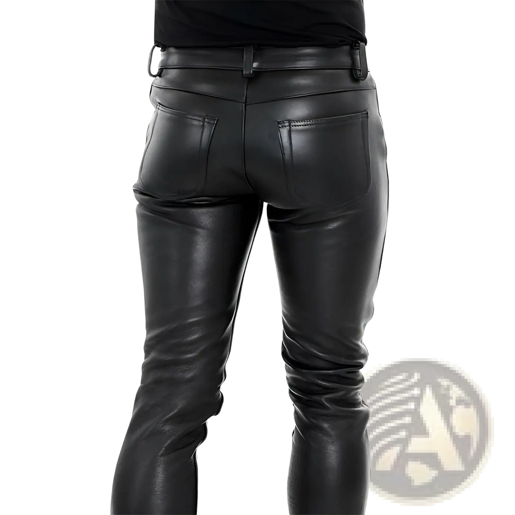 Men black faux leather slim fit trousers showing the back side with visible stitching on the pockets