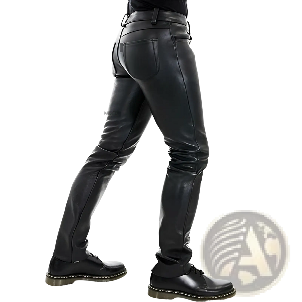 Men black faux leather pants with slim fit design and visible stitching details in sleek fitted style