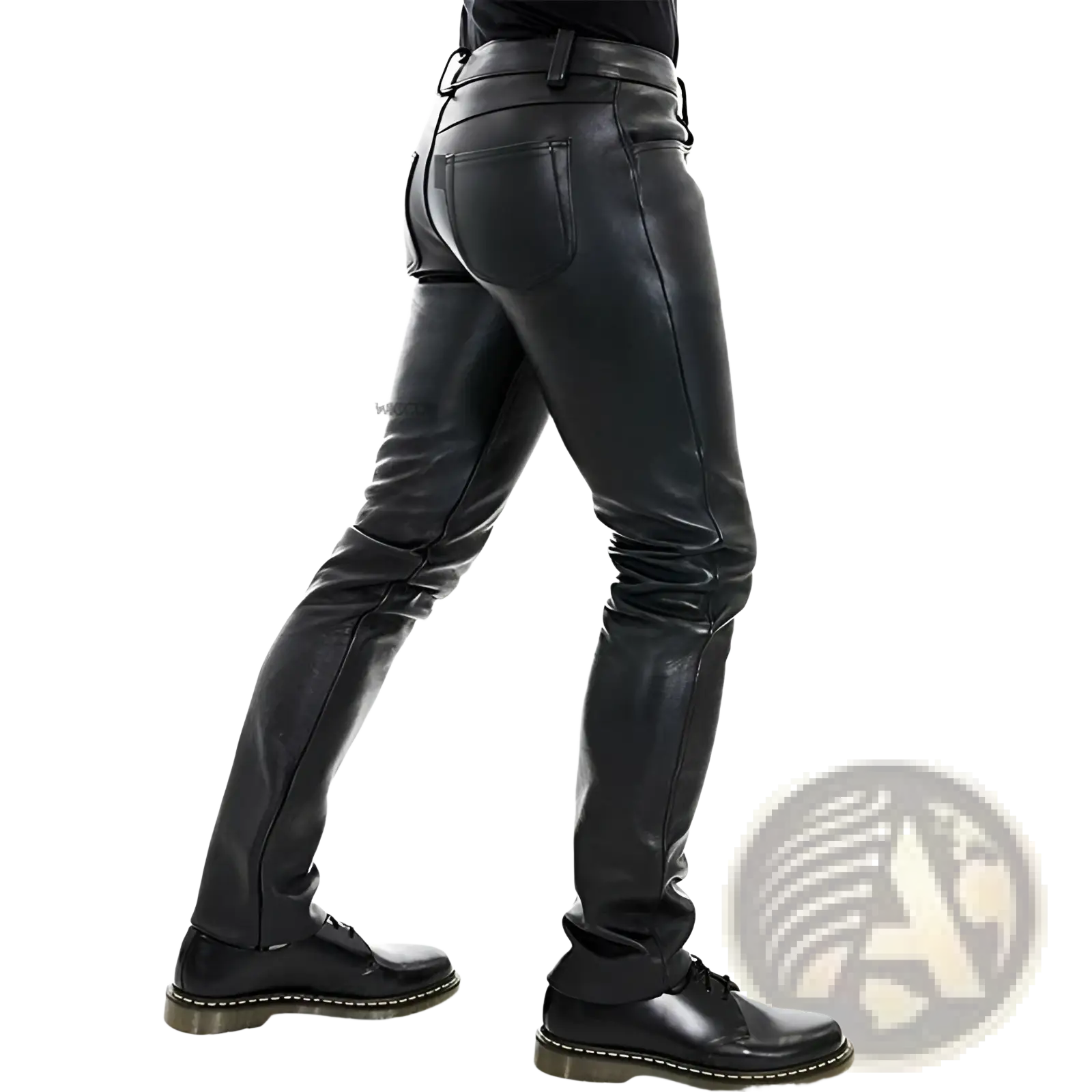 Men black faux leather pants with slim fit design and visible stitching details in sleek fitted style