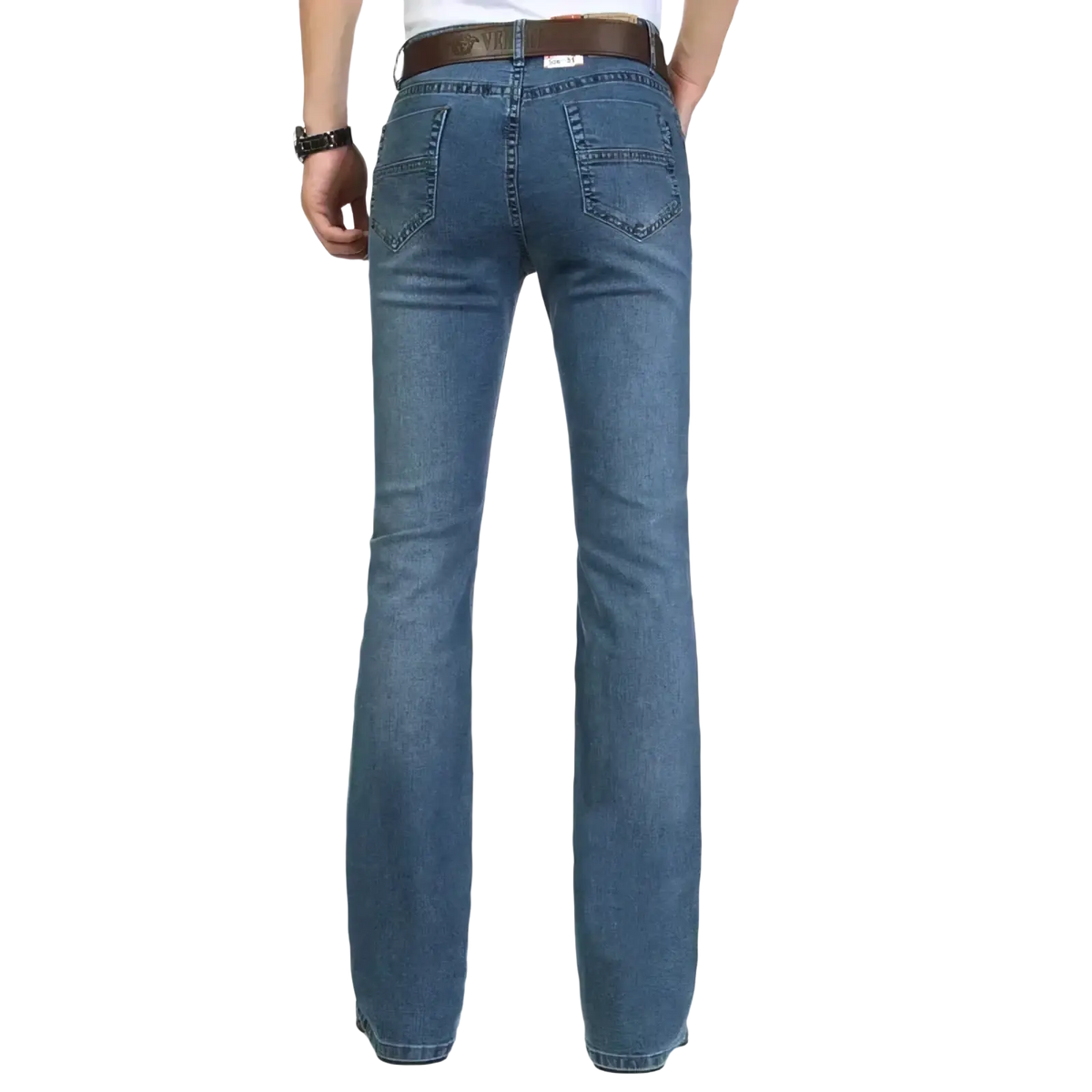 Men black flare denim jeans slim fit trousers paired with blue straight-leg denim jeans and a brown leather belt