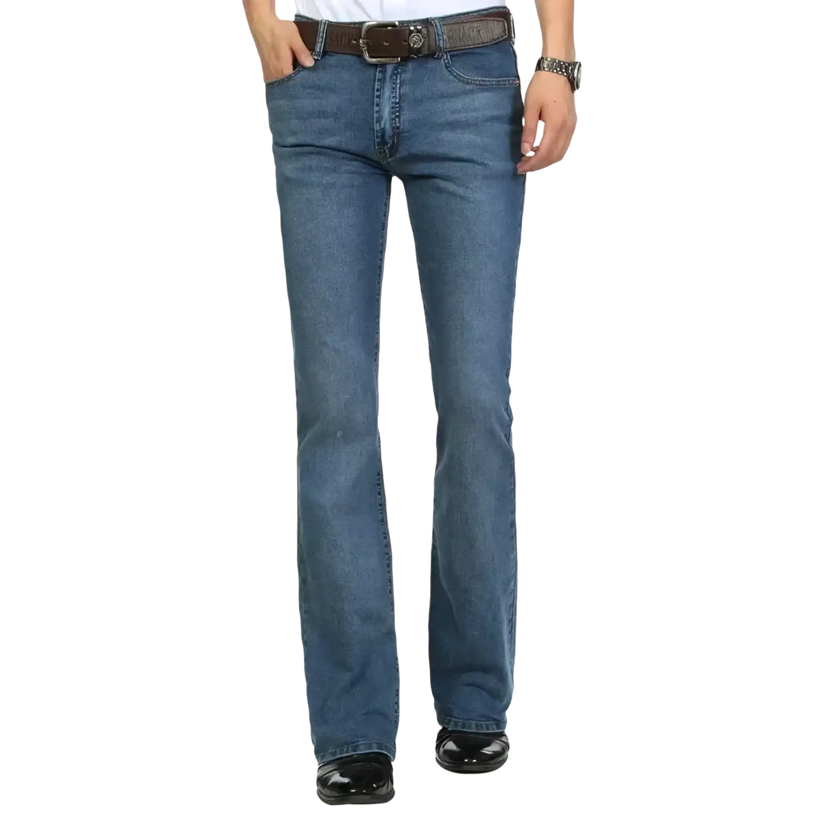 Men black flare denim jeans slim fit trousers in durable denim with classic straight-leg cut and faded wash