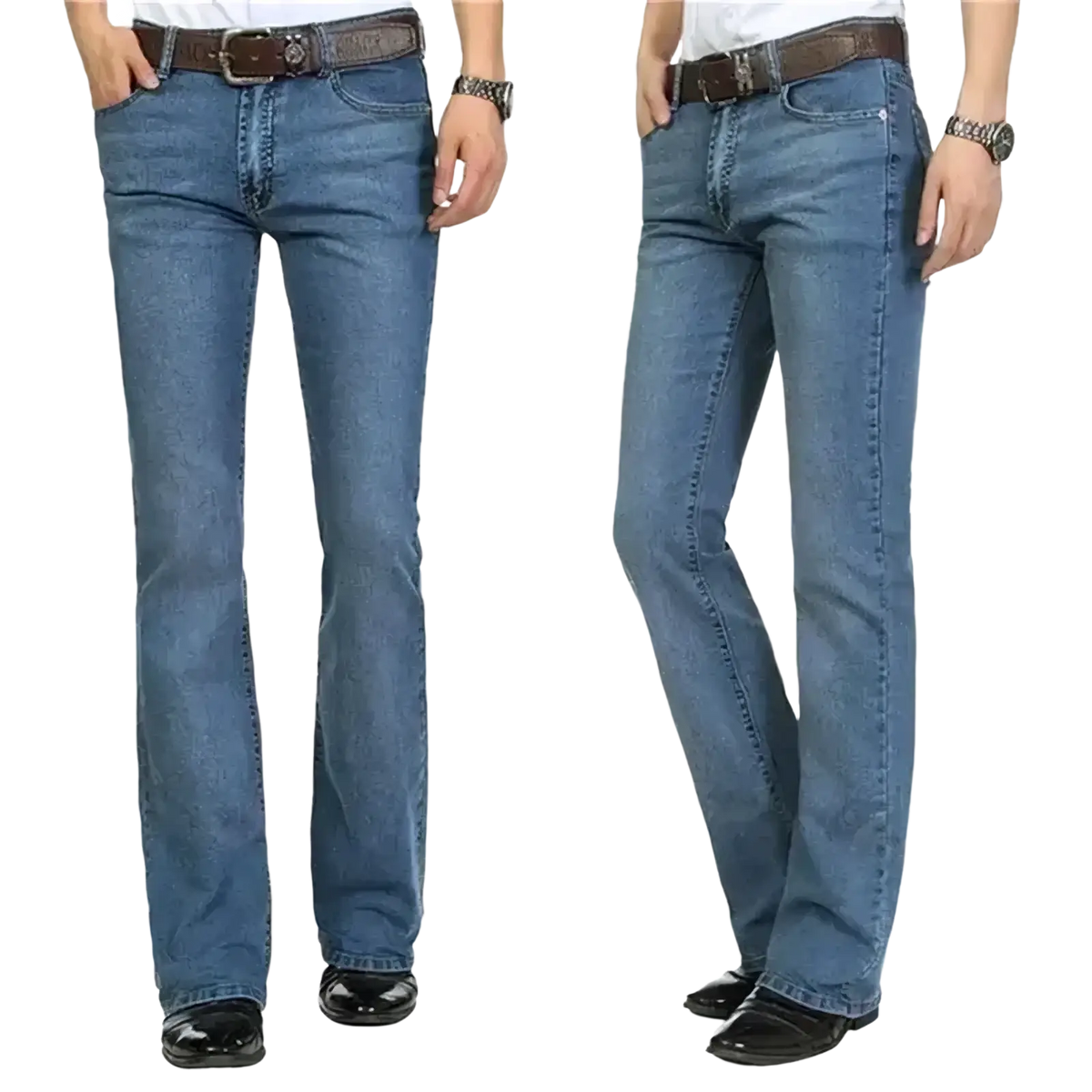 Men black flare denim jeans slim fit trousers with blue denim classic straight-leg cut and brown leather belt