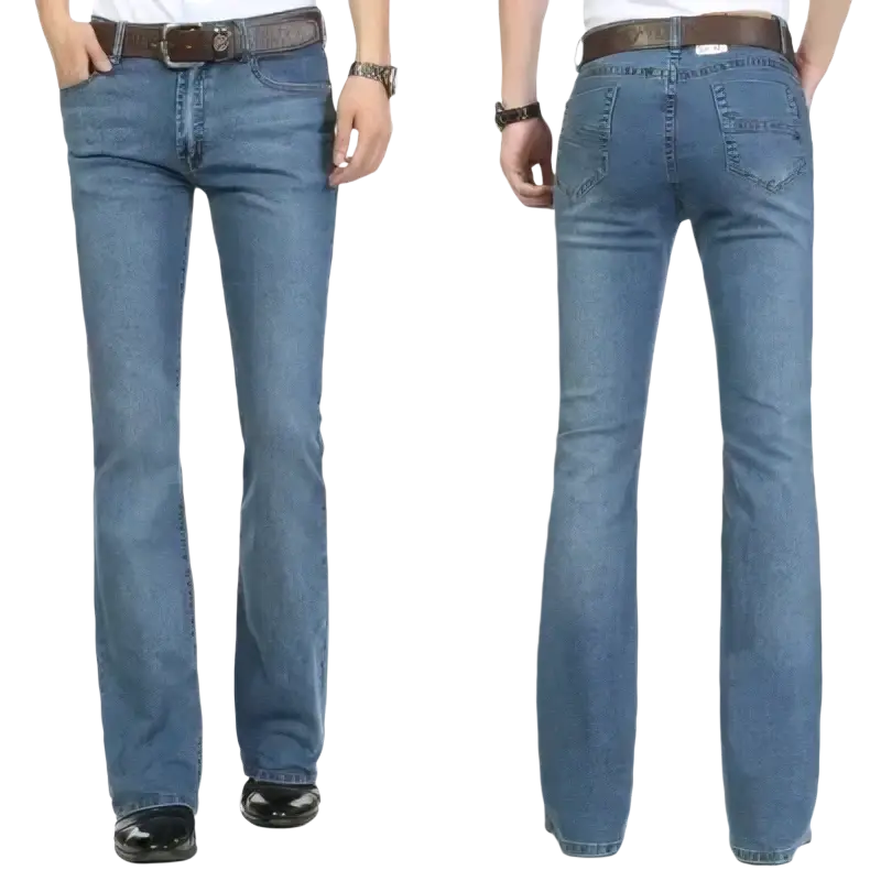 Men black flare denim jeans slim fit trousers paired with blue straight-leg denim jeans and a brown belt