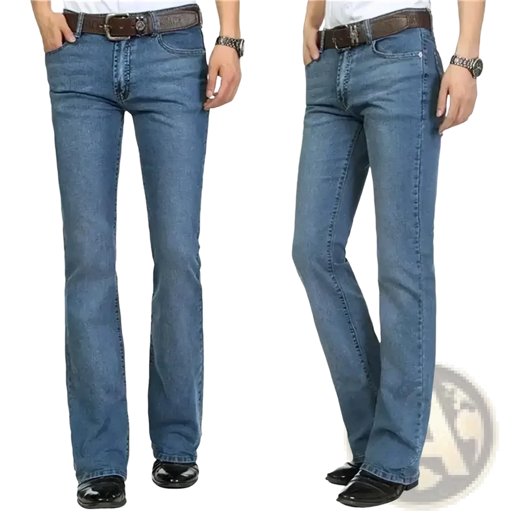 Men black flare denim jeans slim fit trousers with blue denim classic straight-leg cut and brown leather belt