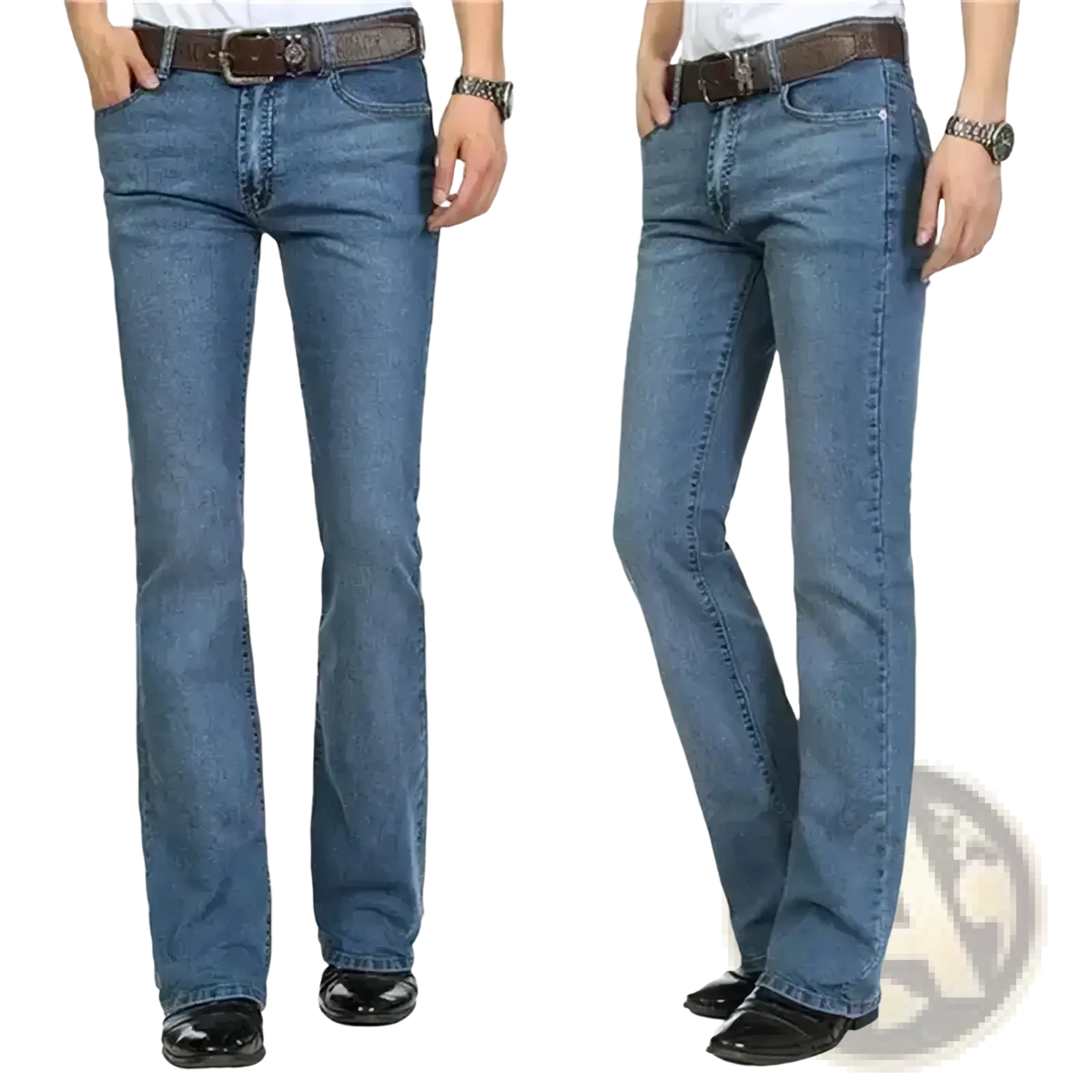 Men black flare denim jeans slim fit trousers with blue denim classic straight-leg cut and brown leather belt